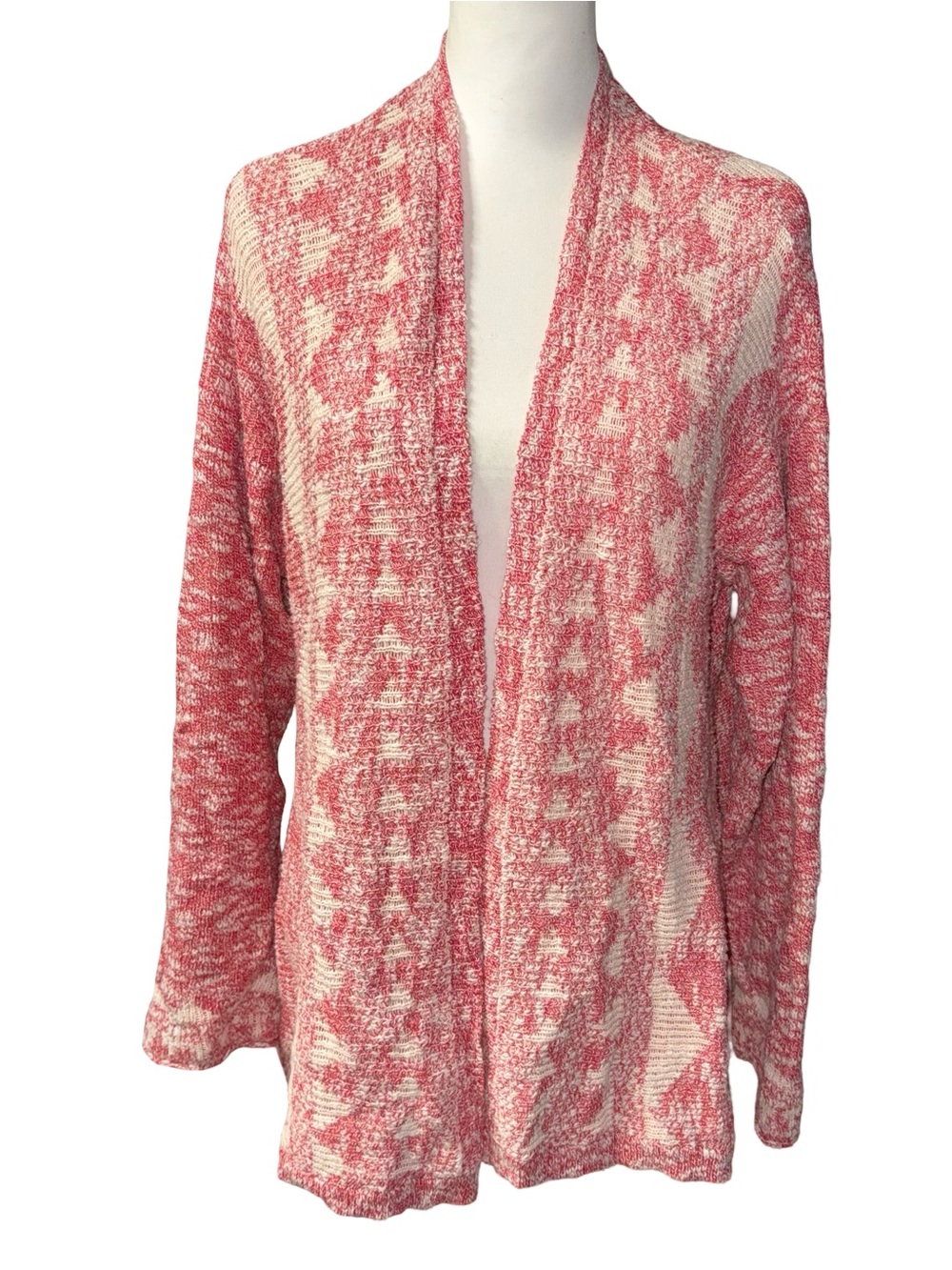 Sundance Women's XL Open-Front Red Cream Knit Cardigan Sweater